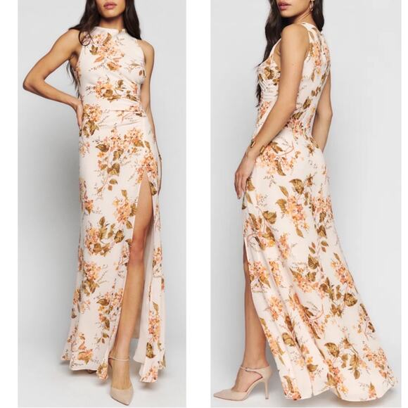 Reformation Senna Floral Ruched High Neck High Slit Bella Maxi Dress Size 18 - Picture 3 of 11
